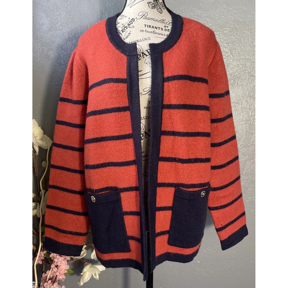 Talbots Wool Blend Heavy Knit Cardigan Sweater Jacket Sz 1X Crew Neck Stripes